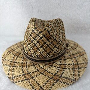 Women’s  Woven Straw Fedora Hat Brown Band with silver bird hardware (H040)